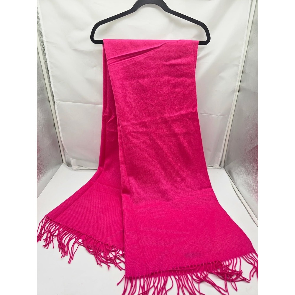 Women Scarf OS Pink 100% Cashmere Fringe Hem Solid Wrap